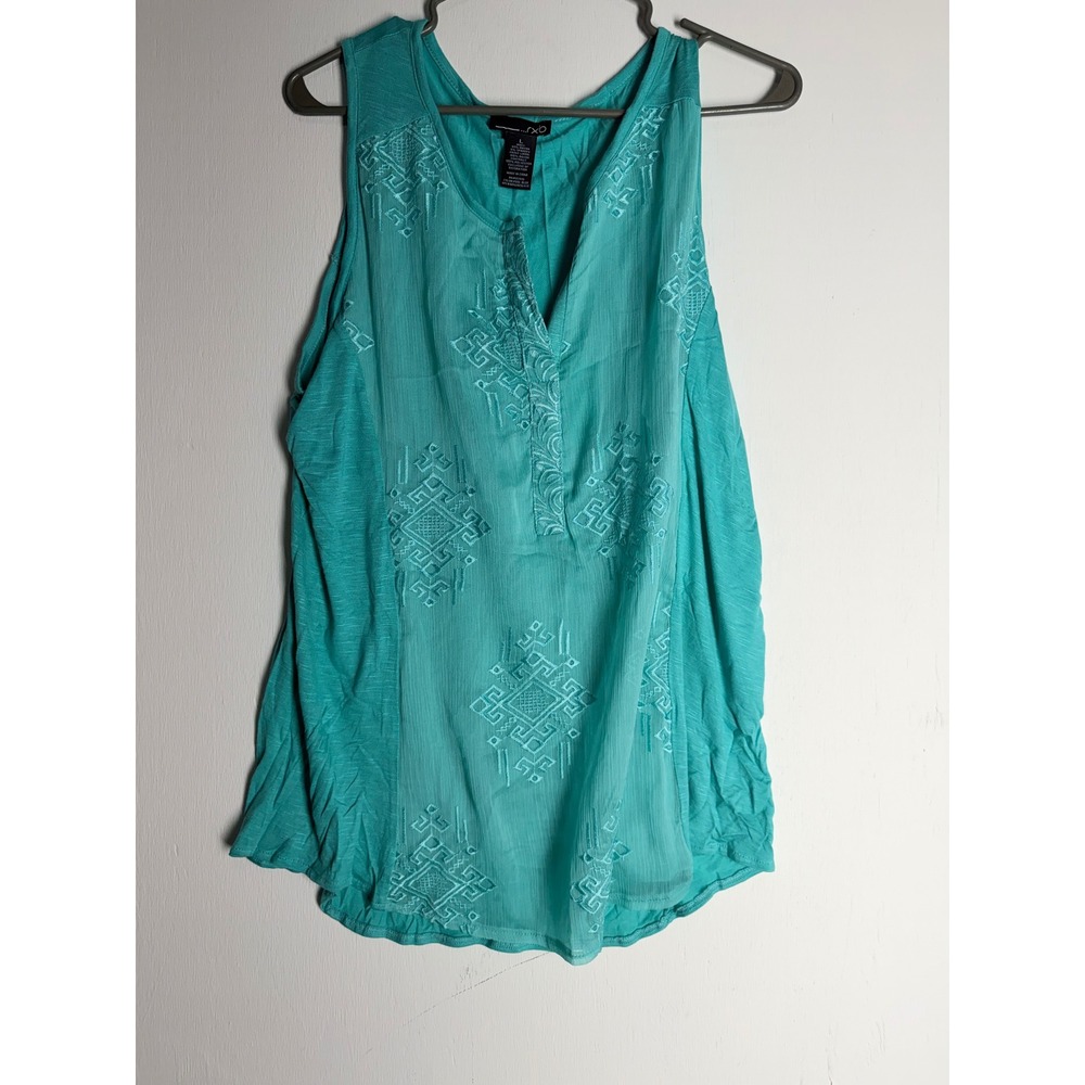 RXB Womens Pool Blue Embroidered Sleeveless V-Neck Tank Top Size Large Boho